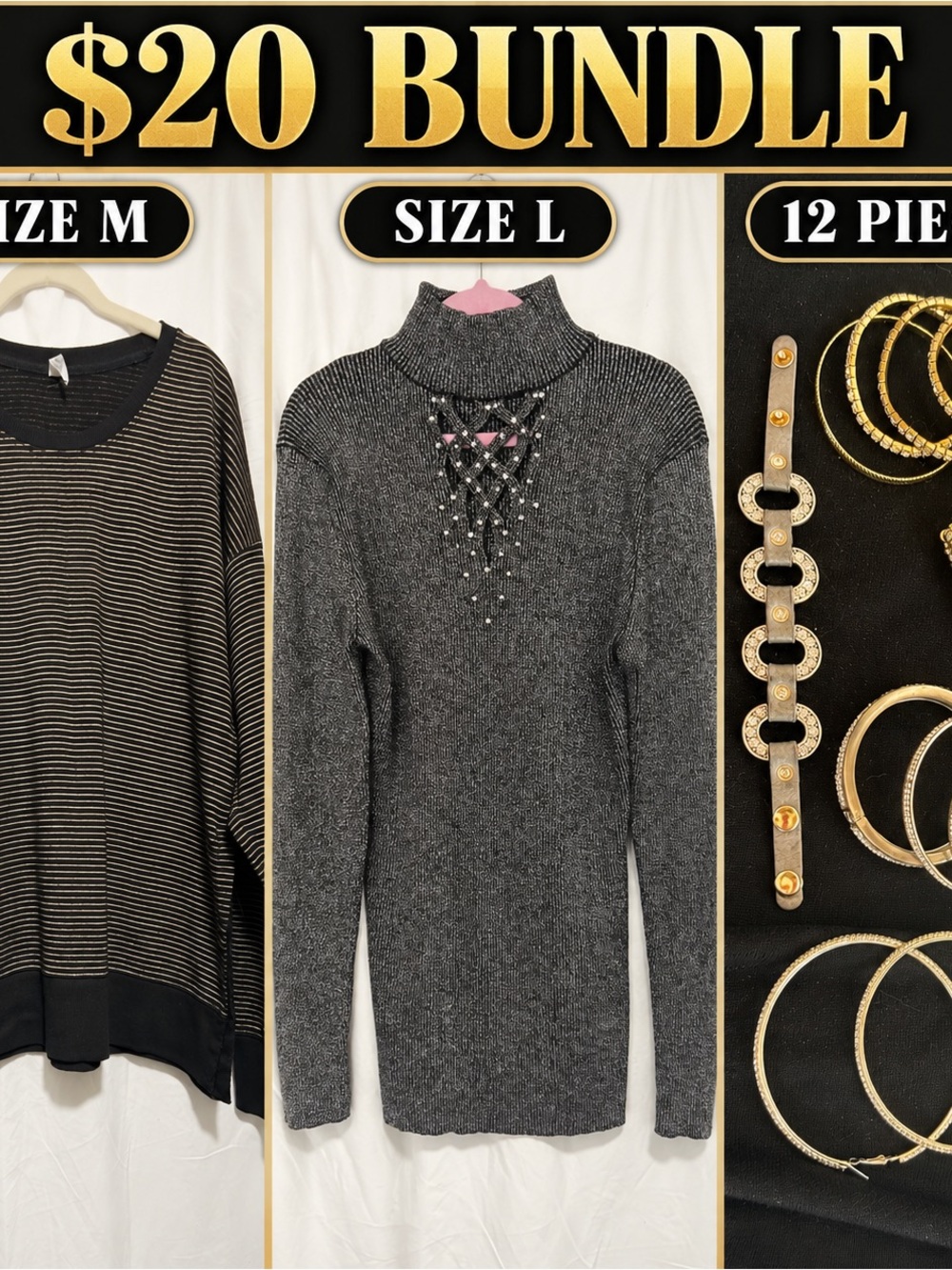 $20 Bundle | Ideology Oversized Tunic M, Reba Sweater L & 12-Piece Jewelry Lot